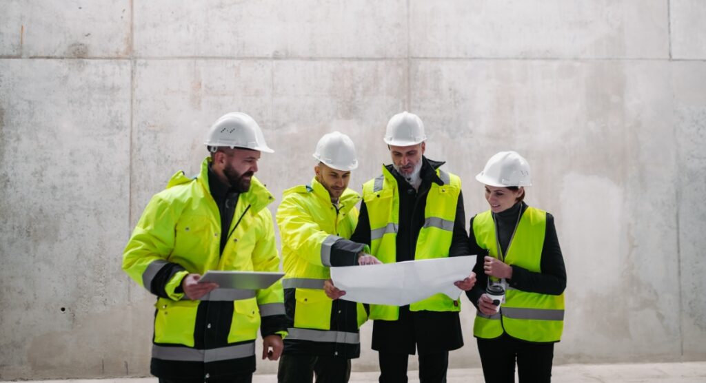 Construction professionals reviewing project plans on site.